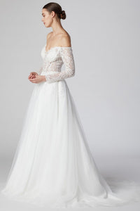Lace Off White Sweetheart Neck Off Shoulder Tulle Gown