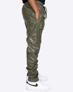Men's Faux Leather Brown Snap Cargo Pocket Pants