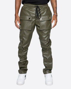 Men's Faux Leather Olive Green Snap Cargo Pocket Pants