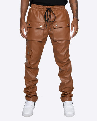 Men's Faux Leather Brown Snap Cargo Pocket Pants