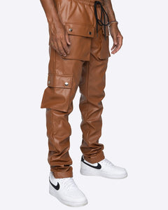 Men's Faux Leather Brown Snap Cargo Pocket Pants