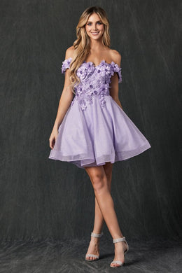 Lilac Floral Applique Glitter Mesh Short Dress