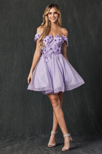 Lilac Floral Applique Glitter Mesh Short Dress