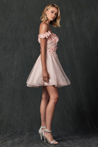 Homecoming Blush Floral Applique Glitter Mesh Short Dress