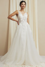 Load image into Gallery viewer, Elegant White Lace Sheath Wedding Dress with Detachable Overskirt