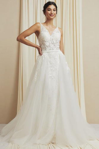 Elegant White Lace Sheath Wedding Dress with Detachable Overskirt