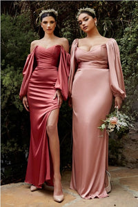 Beautiful Champagne Gold Charmeuse Off Shoulder Long Sleeve Satin Gown