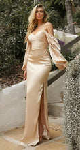 Load image into Gallery viewer, Beautiful Champagne Gold Charmeuse Off Shoulder Long Sleeve Satin Gown