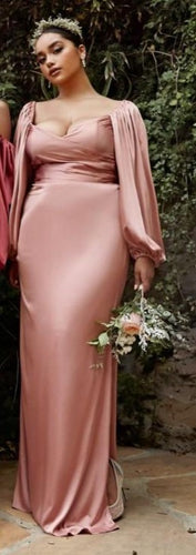 Beautiful Pink Champagne Charmeuse Off Shoulder Long Sleeve Soft Satin Gown