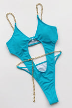 Load image into Gallery viewer, Keyhole Tummy Blue Chain Strap One Piece Swimsuit