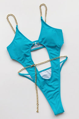 Keyhole Tummy Blue Chain Strap One Piece Swimsuit