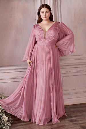 Bella Mon Cherie Soft Pink Pleated Bell Sleeve Chiffon Maxi Gown