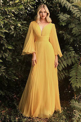 Bella Mon Cherie Yellow Pleated Bell Sleeve Chiffon Maxi Gown