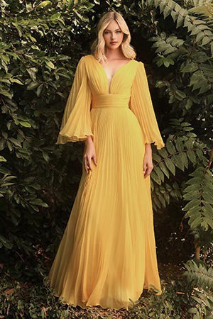 Bella Mon Cherie Yellow Pleated Bell Sleeve Chiffon Maxi Gown