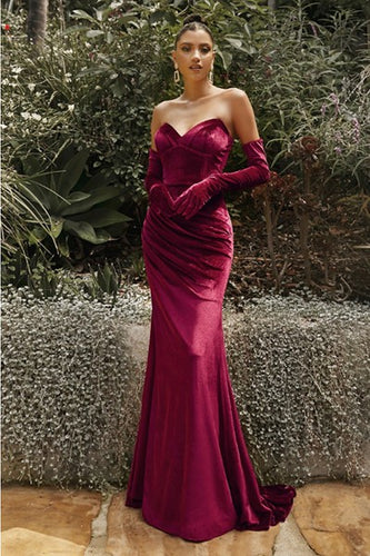 Old Hollywood Burgundy Velvet Sleeved Sweetheart Gown