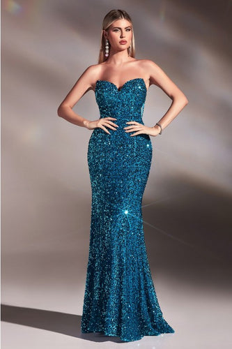 Ocean Blue Sequin Strapless Mermaid Gown