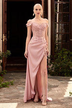 Load image into Gallery viewer, Floral Embroidered Champagne Lace Off Shoulder Front Slit Maxi Dress