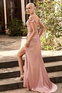 Floral Embroidered Champagne Lace Off Shoulder Front Slit Maxi Dress