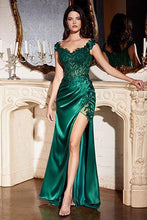 Load image into Gallery viewer, Floral Embroidered Emerald Lace Off Shoulder Front Slit Maxi Dress