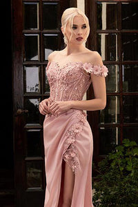Floral Embroidered Champagne Lace Off Shoulder Front Slit Maxi Dress