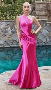 One Shoulder Pink Fitted Satin Maxi Dress