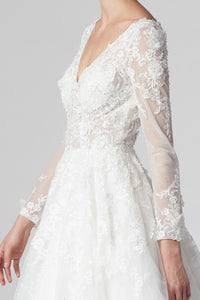 Elegant White Long Sleeve V Neck A Line White Gown