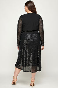 Sequin Black A-Line Plus Size Midi Skirt