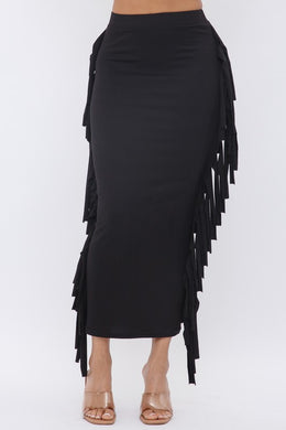 Solid Skirt with Side Fringe Detail Bodycon Maxi Skirt