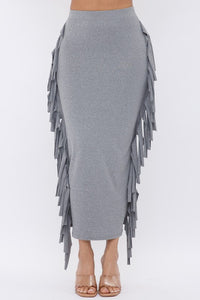 Solid Skirt with Side Fringe Detail Bodycon Maxi Skirt