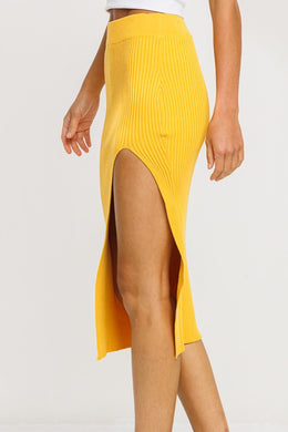 Yoko Side Slit Soft Ribbed Yellow Midi Skirt