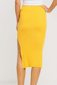 Yoko Side Slit Soft Ribbed Yellow Midi Skirt