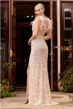 Load image into Gallery viewer, Sequin Encrusted Pink Feathered Iridescent High Slit Gown