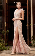 Load image into Gallery viewer, Sequin Encrusted Pink Feathered Iridescent High Slit Gown