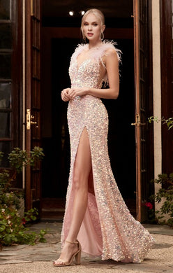 Sequin Encrusted Pink Feathered Iridescent High Slit Gown