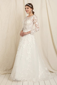 Soft Lace Sheer Long Sleeve Chiffon Bridal Wedding Dress