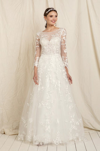 Soft Lace Sheer Long Sleeve Chiffon Bridal Wedding Dress