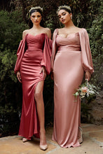 Load image into Gallery viewer, Plus Size Champagne Gold Charmeuse Off Shoulder Long Sleeve Soft Satin Gown
