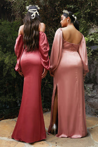 Plus Size Champagne Gold Charmeuse Off Shoulder Long Sleeve Soft Satin Gown