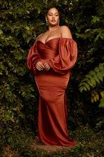 Load image into Gallery viewer, Plus Size Champagne Gold Charmeuse Off Shoulder Long Sleeve Soft Satin Gown
