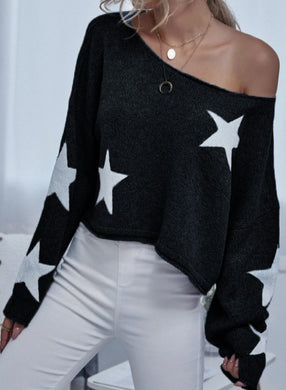 Zoe Black Bell Sleeves Star Print Boxy Sweater