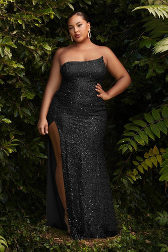 Plus Size Black Asymmetrical Sequin High Slit Maxi Gown