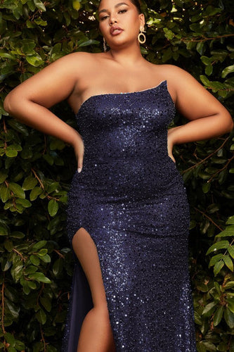 Plus Size Navy Blue Asymmetrical Sequin High Slit Maxi Gown