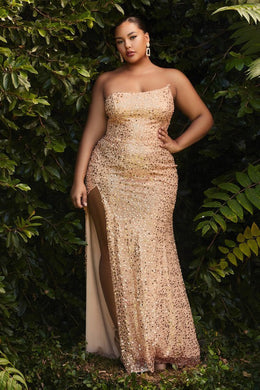 Plus Size Rose Gold Asymmetrical Sequin High Slit Maxi Gown