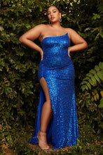 Load image into Gallery viewer, Plus Size Navy Blue Asymmetrical Sequin High Slit Maxi Gown
