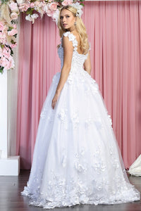 White Embroidered Lace Floral Applique Tulle Wedding Gown
