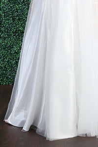 Bonjour White Deep V Neck Embellished Tulle Bridal Dress