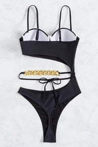 Hi Cut Black Padded Chain Strap One Piece Swimsuit