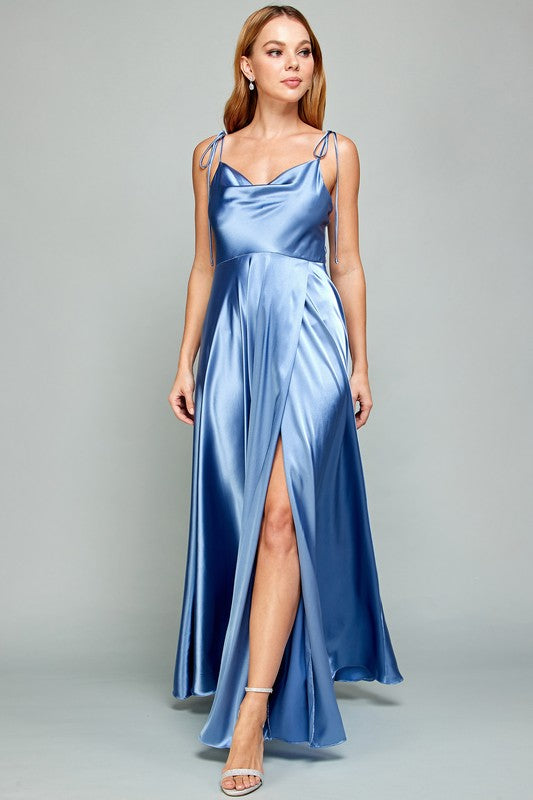 Slate Blue Solid Cowl Neck A Line Bridesmaid Dress