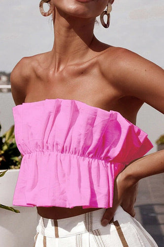 Casual Bandeau Pink Off Shoulder Tube Crop Top