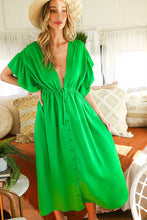 Load image into Gallery viewer, Ruffle Sleeve Kelly Green Button Down Maxi Dress